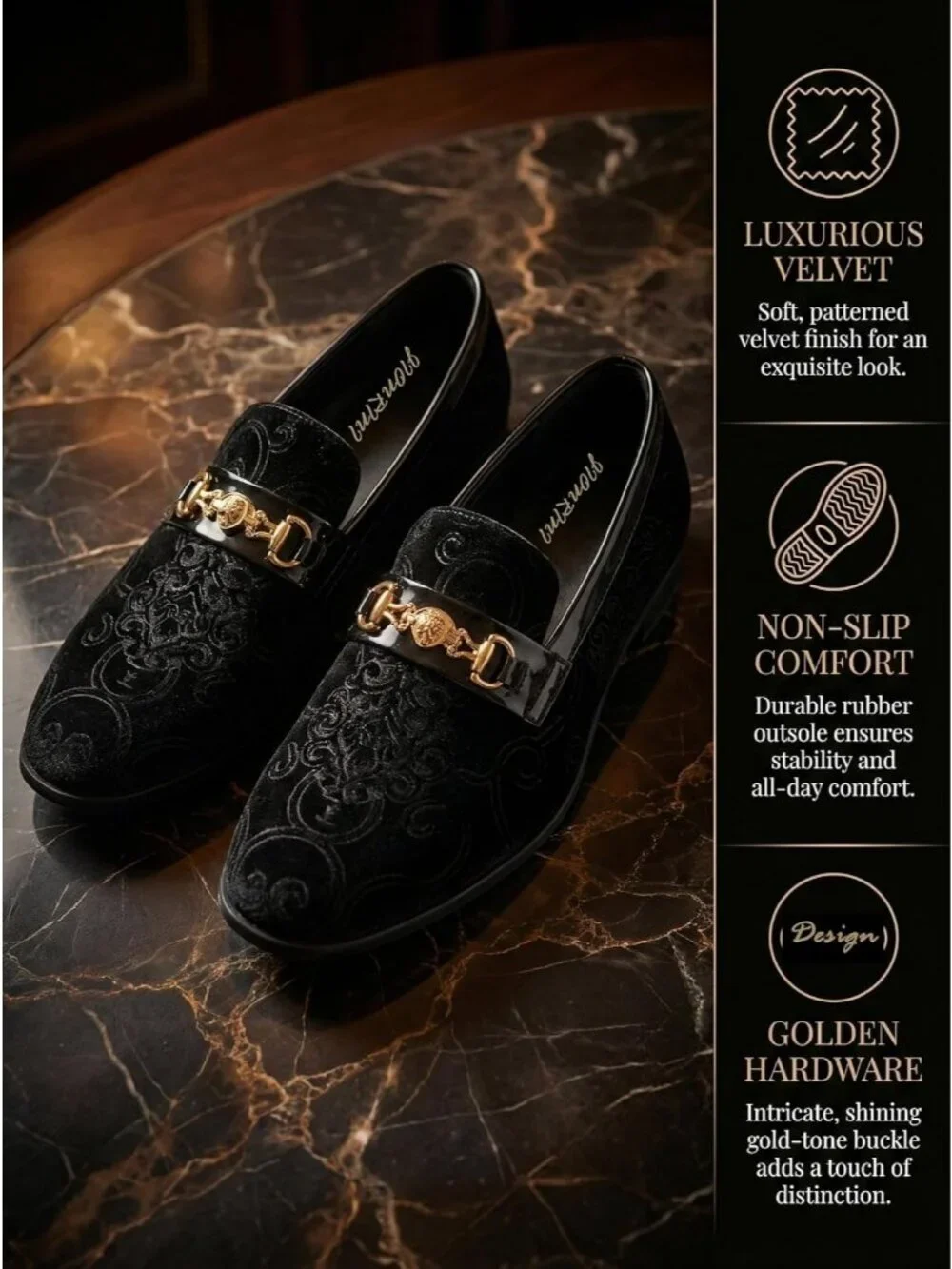 Jionrini Men's Black Velvet Loafers Gold Buckle Penny Slip On Classical Shoes